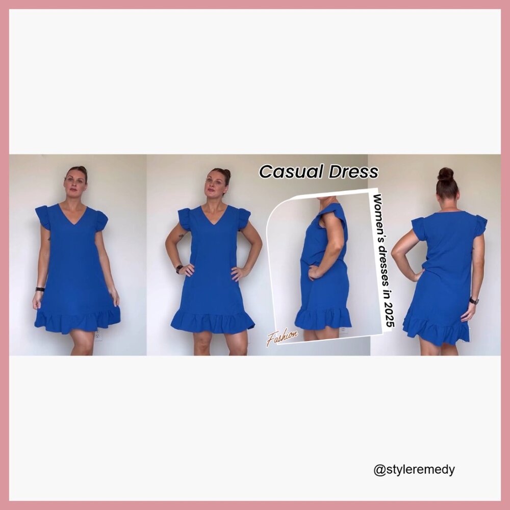 Polyester V-Neck Cap Sleeve Ruffle Hem Casual Beach Dress - Picture 5 of 7